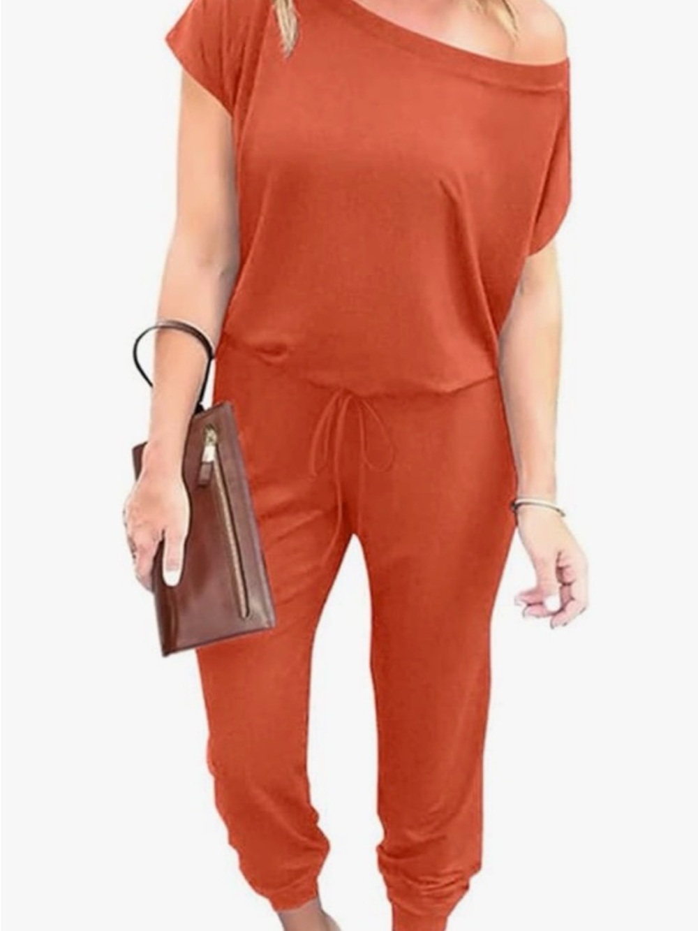 Off-Shoulder Rust Drawstring Jumpsuit